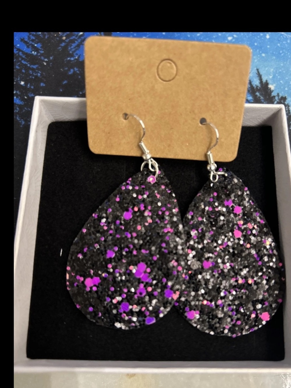 Plunder Black Teardrop Earrings with Pink and Silver Sparkle